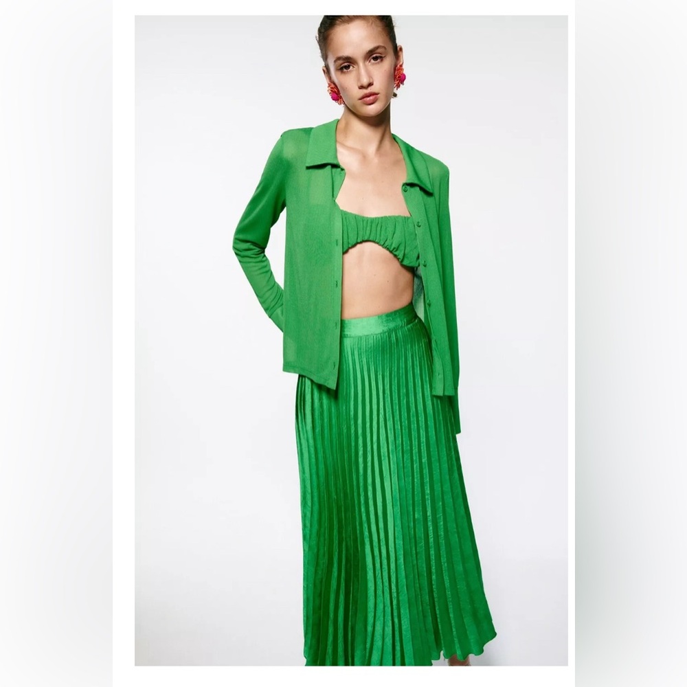 GREEN PLEATED MIDI SKIRT ZARA SIZE XS